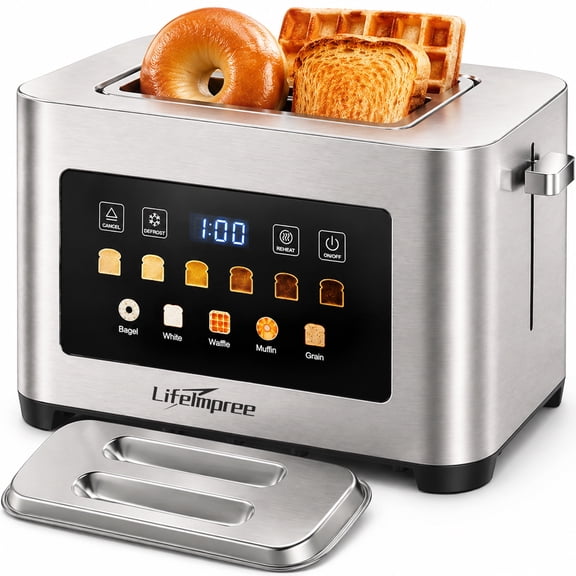 Lifelmpree Toasters 2 Slice Wide Slot, 2 Slice Toaster with Cover, Stainless Steel, Digital Toaster for Bagels & Bread, 6 Browning Levels, Defrost & Reheat