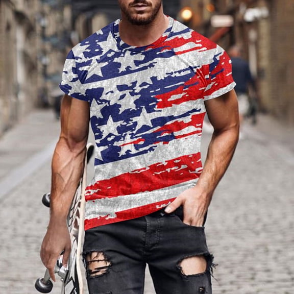 Goodtrade8 Men's Short Sleeve Tshirts Summer Red White and Blue Pullover Independence Day Patriotic Crew Neck American Flag Tops for Men 4th of July