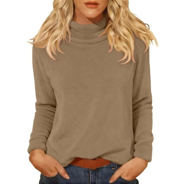Comdrip Hauts pour Femmes Manches Longues Chemises pour Femmes Coupe Ample Col Roulé Haut Décontracté Automne Hauts Légers Chauds Chandails Hauts Col Roulé pour Femmes Marron 2TG