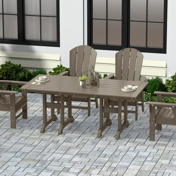 WestinTrends Malibu Outdoor Dining Table for 6, All Weather Poly Lumber Adirondack 71" Trestle Long Dining Table with Umbrella Hole, Weathered Wood
