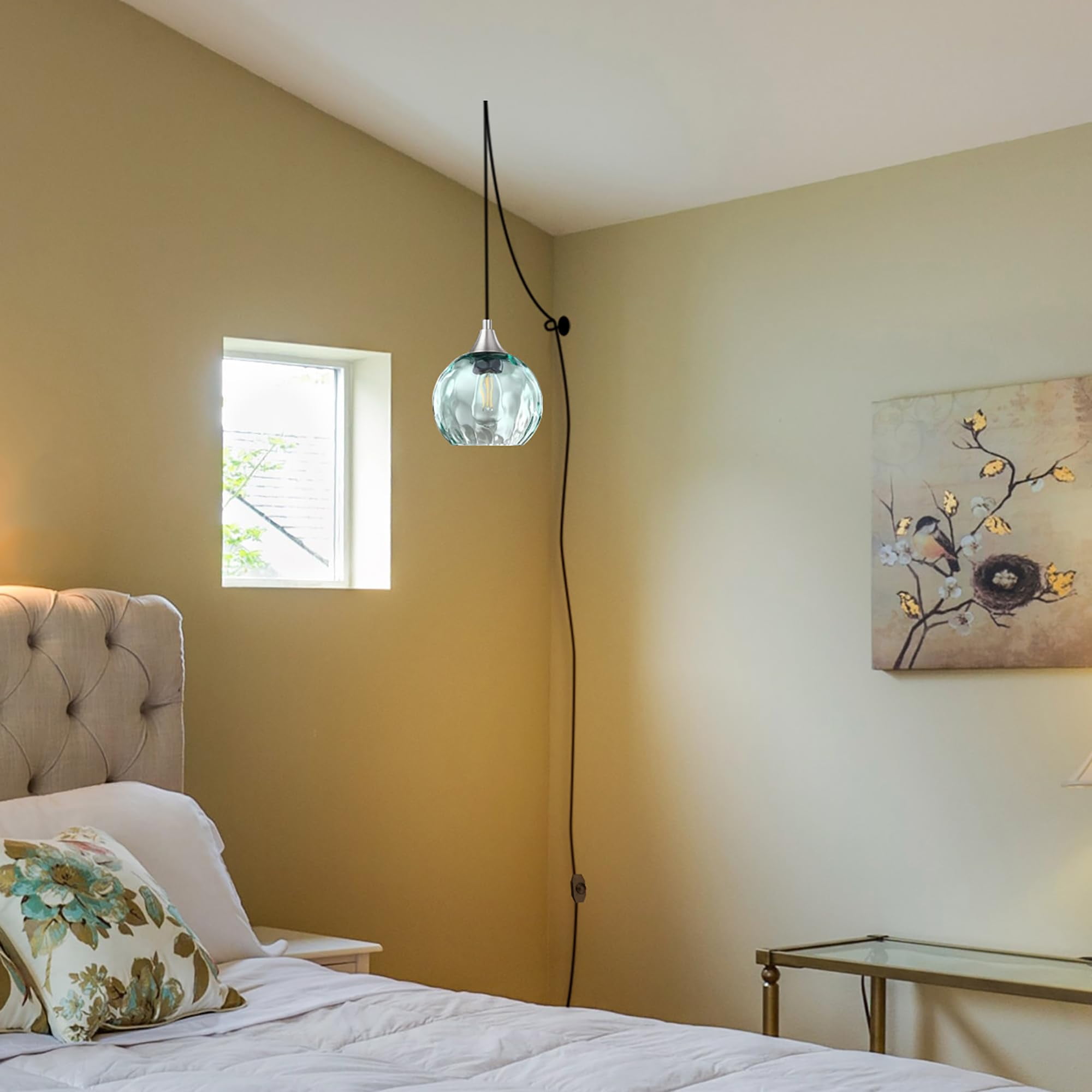 Kiven Plug in Pendant Light, Farmhouse Hanging Light Fixture with Green Glass Globe, E26 Socket Dimmable Pendant Light for Bedroom Hallway Kitchen