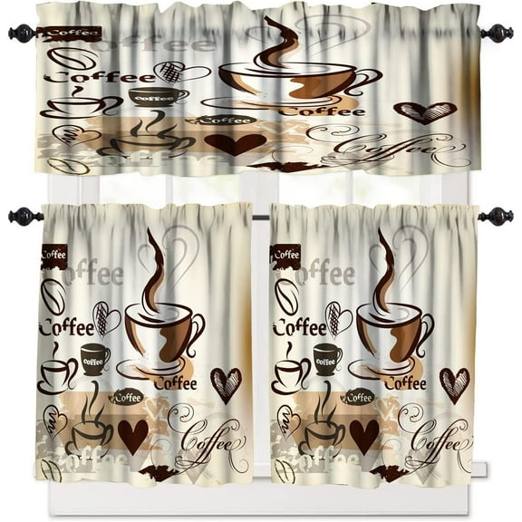 Coffee Kitchen Curtains Sets, Cafe Coffee Theme Valance for Kitchen Windows, Tea Party Coffee Bean Print Small Short Curtains Window Treatments Valance Sets for Kitchen Cafe, 54x24 Inch, 3 Piece