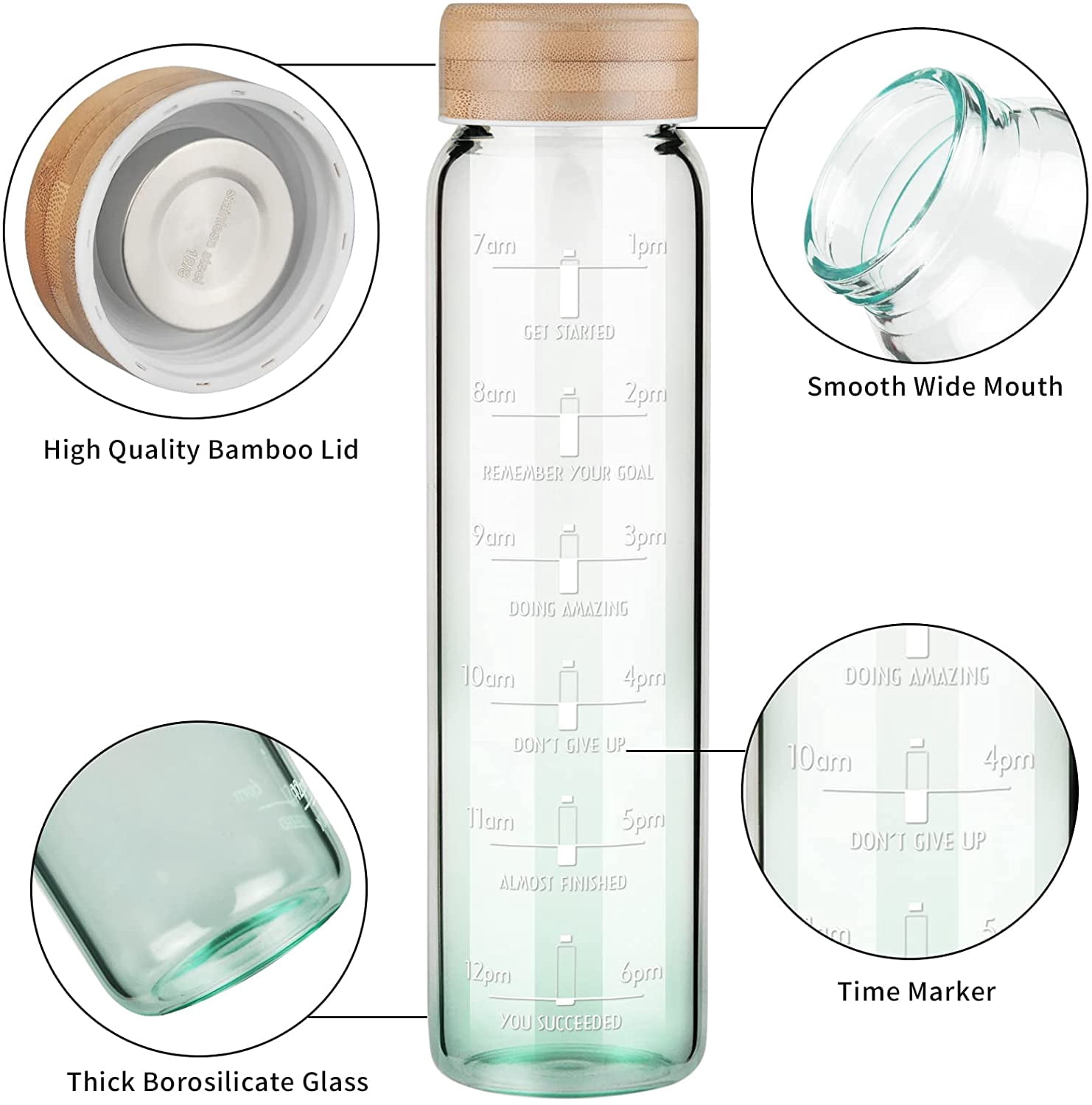1000ml 1 Litre Glass Water Bottle Straw Time Marker Gradient Green Sleeve