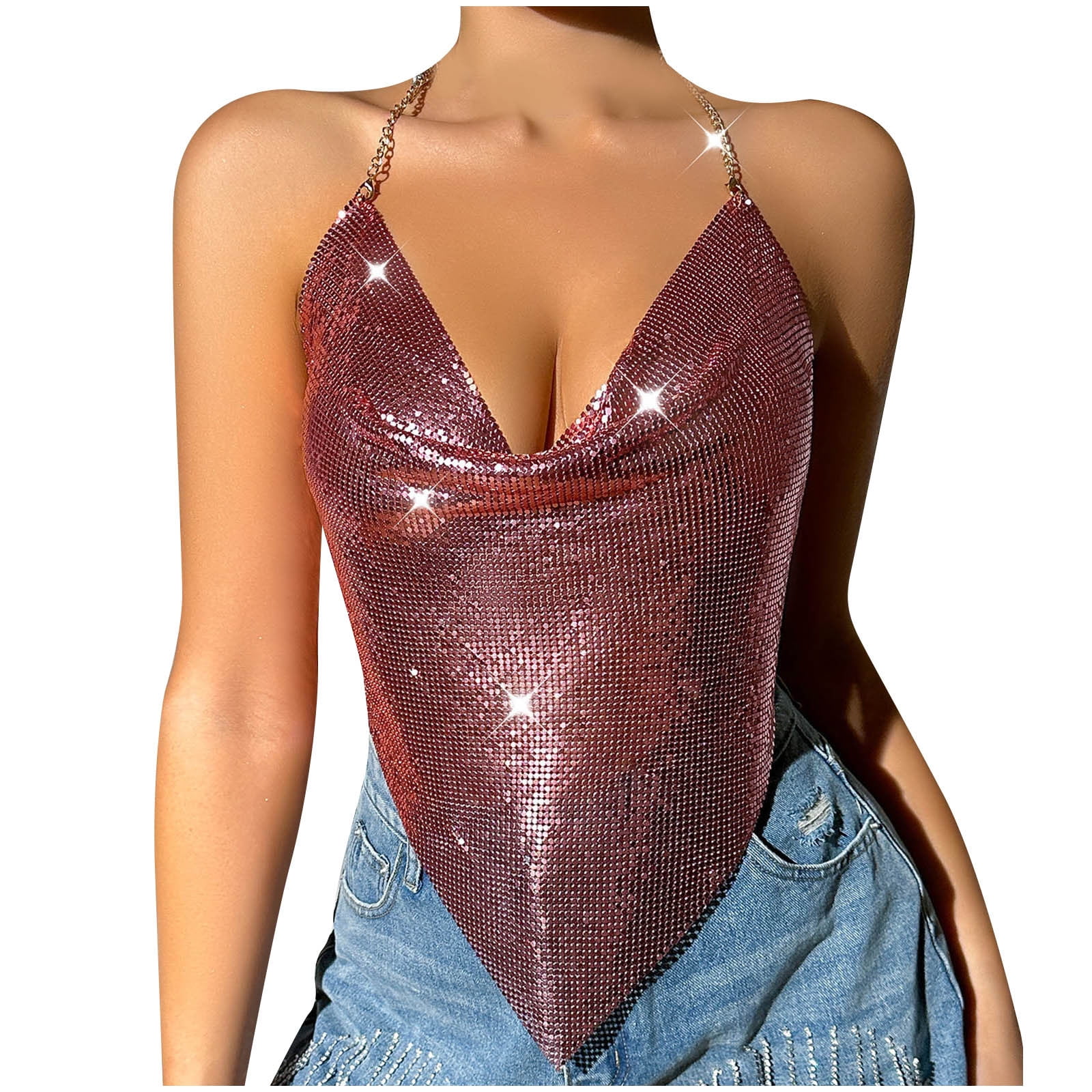 Honeeladyy Womens Shiny Rhinestone Backless Halter Crop Top Chain