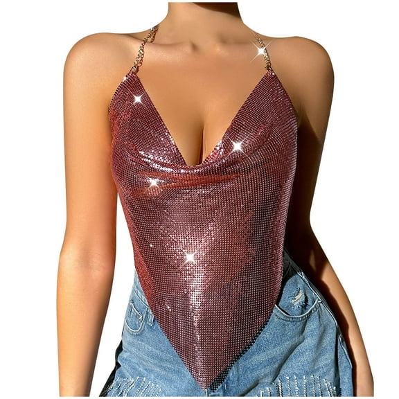 Honeeladyy Womens Shiny Rhinestone Backless Halter Crop Top Chain Tank Tops for Party Nightclub Rose Gold XS