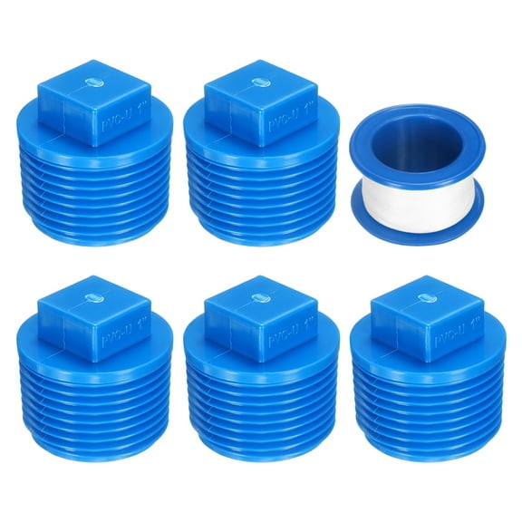 5Pack 1 Inch PT Male Thread Pipe Fitting Plug, Cleanout Plugs, Water Drain End Caps Coupling Adapter with Tape for Water Heater Supply Lines, Plumbing, Blue