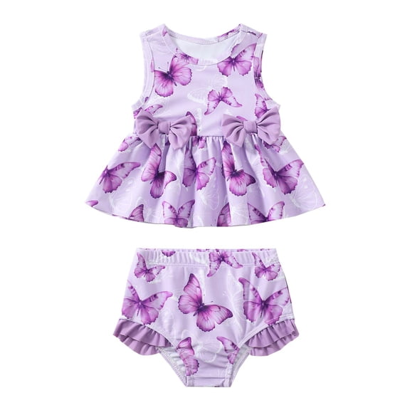 Kucnuzki 4T Toddler Girls Swimsuit Set 5T Kid Girl Bathing Suit Ruffle Sleeveless Butterfly Bowknot Beach Bikini Tankini Swimwear 2pcs Purple