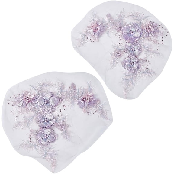 2PCS 3D Flower Net Gauze Sew on Patches Beads Pearl Embroidery Accessories Mesh Trim Decor Bridal Lace Applique Embroidered Patch Floral Fabric Purple for DIY handcrafting