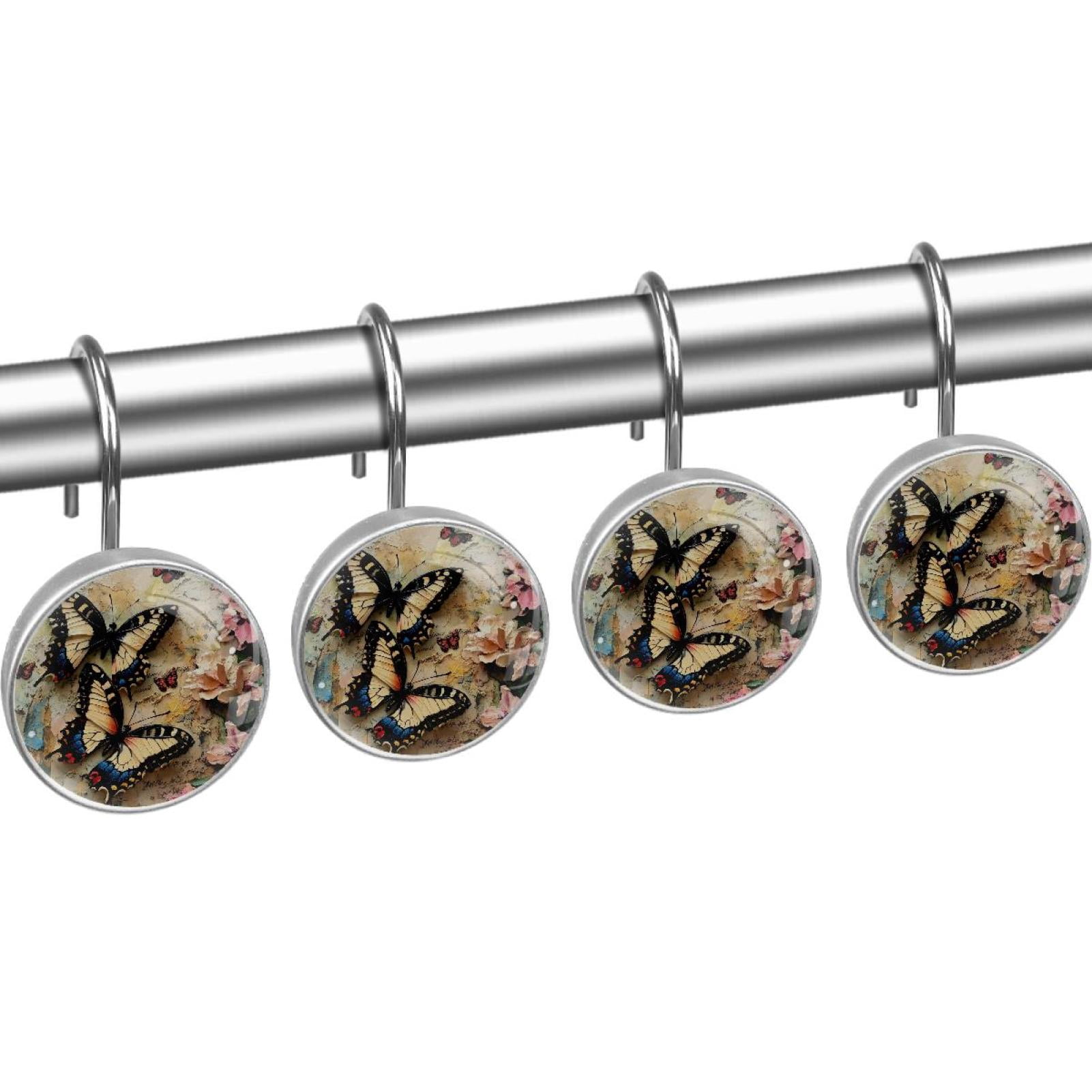 Butterfly Pink Florals Shower Curtain Hooks Round Crystal Glass, Set of 12 Shower Curtain Rings - Shower Hooks for Curtain Shower Rings