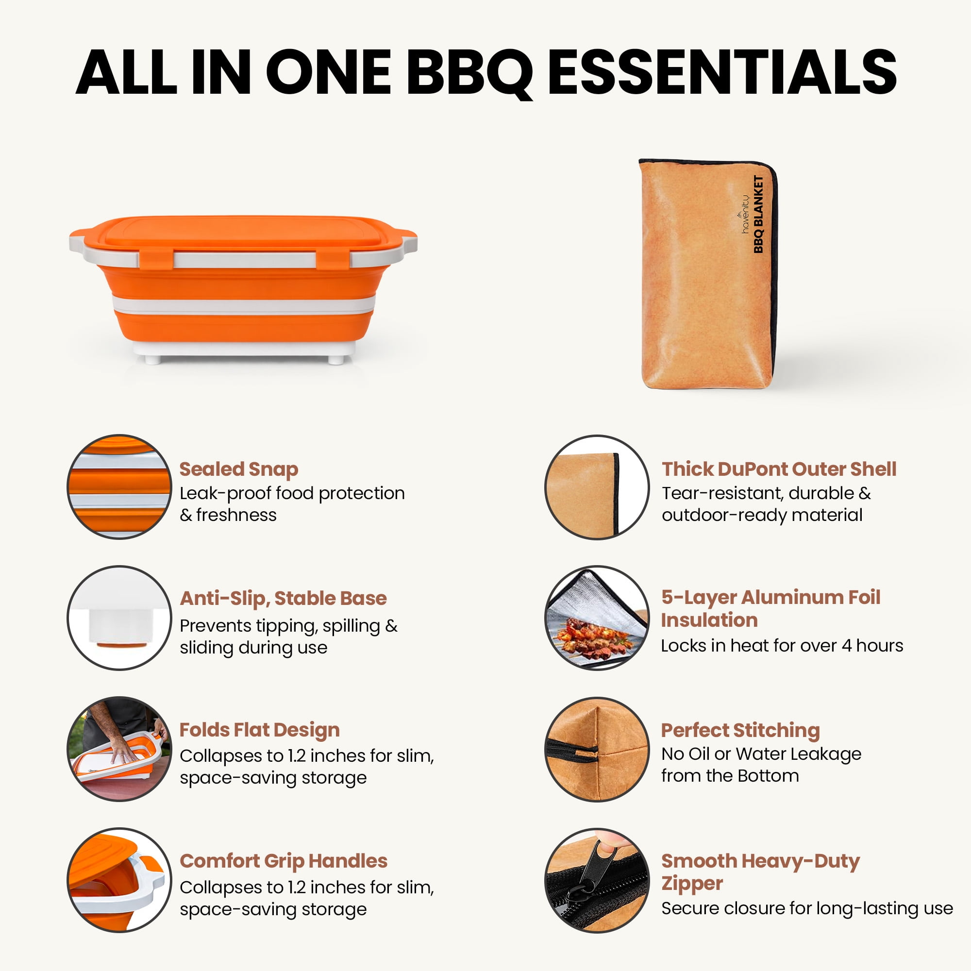Havenity Collapsible BBQ Prep Tub 16L with BBQ Blanket - For Meal Prep, Marinating, Food Storage - Includes Cutting Board Lid - Orange - XL