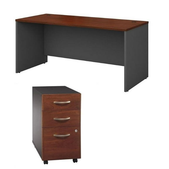 Bush Furniture Series C 2 Piece 66" Desk Shell and 3 Drawer Mobile Pedestal Set in Cherry