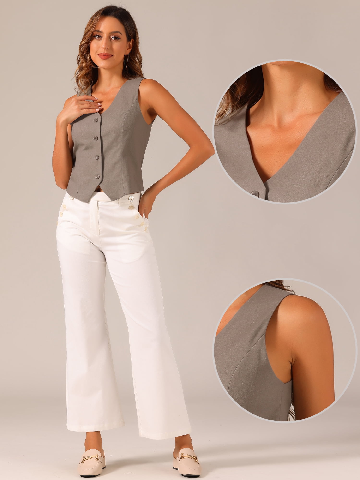 DARING DIVA Women's Waistcoat V Neck Crop Top Summer Vest M Dark Grey