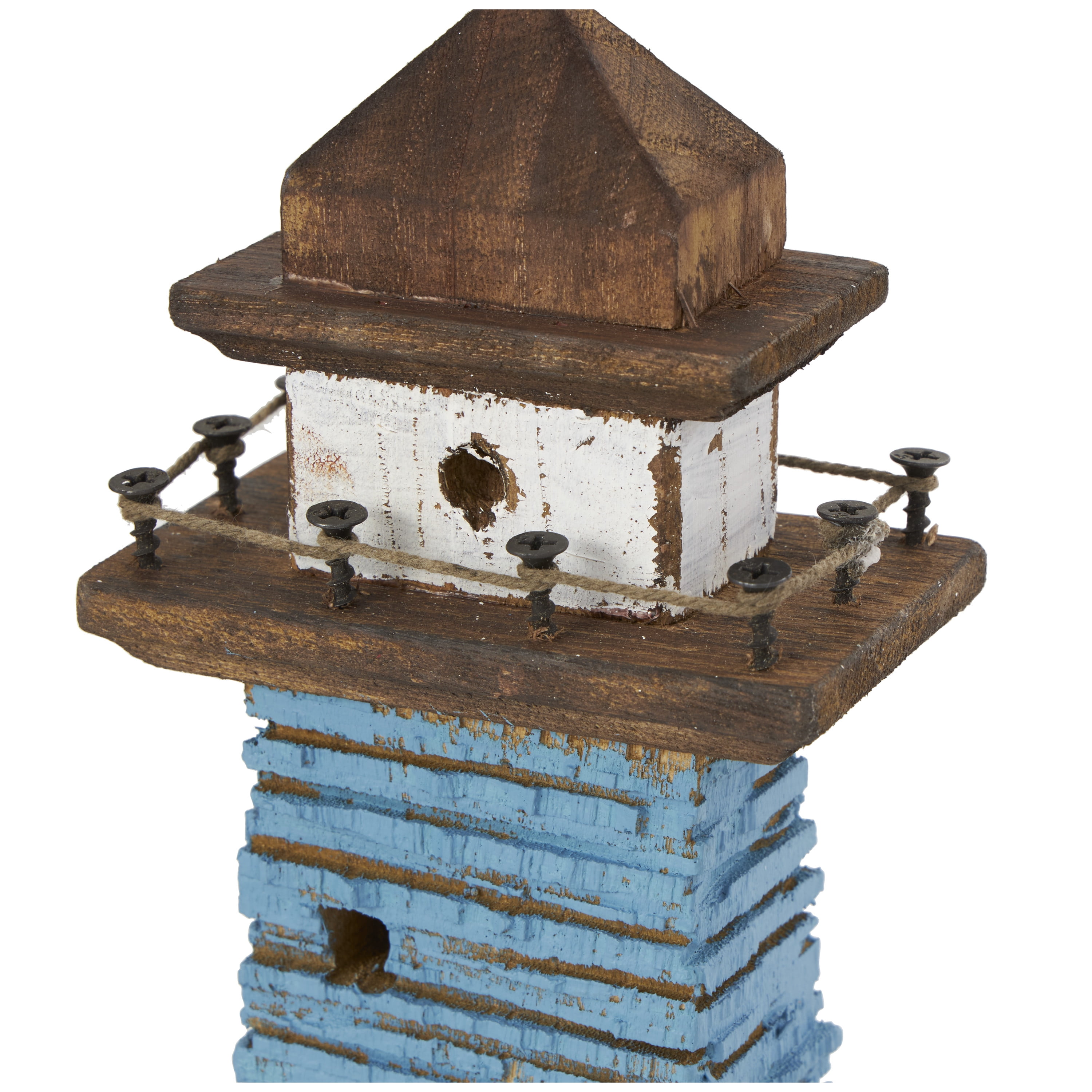 5"W, 10"H Red Wood Distressed Light House Sculpture with Blue and Brown Accents, by DecMode (2 Count)
