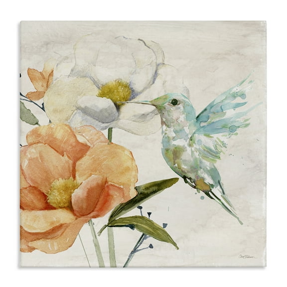 Stupell Industries Hummingbird & Flower Nectar Plants & Flowers Painting Wrapped Canvas Art Print Wall Art, 17 x 17