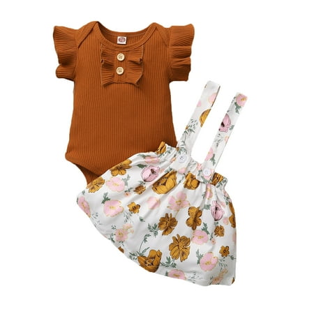 

Baby Girl Solid Ruffled Romper Bodysuit+Floral Print Suspender Skirt Set