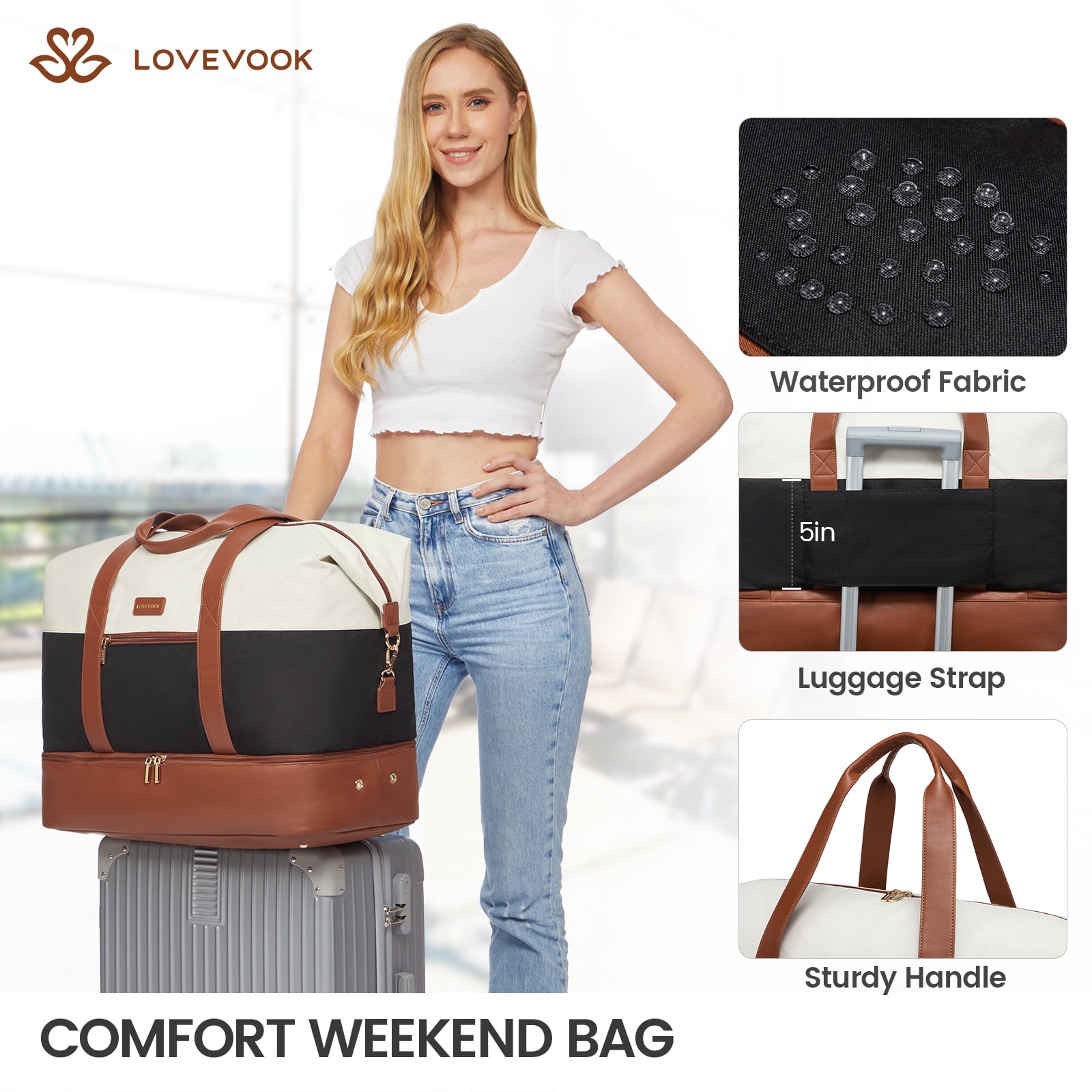 Lovevook Travel Duffel Bag for Women, Large Weekender Overnight Bag, Carry-on Gym Bag with Separate Shoes Compartment, Mom Hospital Bags for Labor and Delivery with 2 Packing Cubes