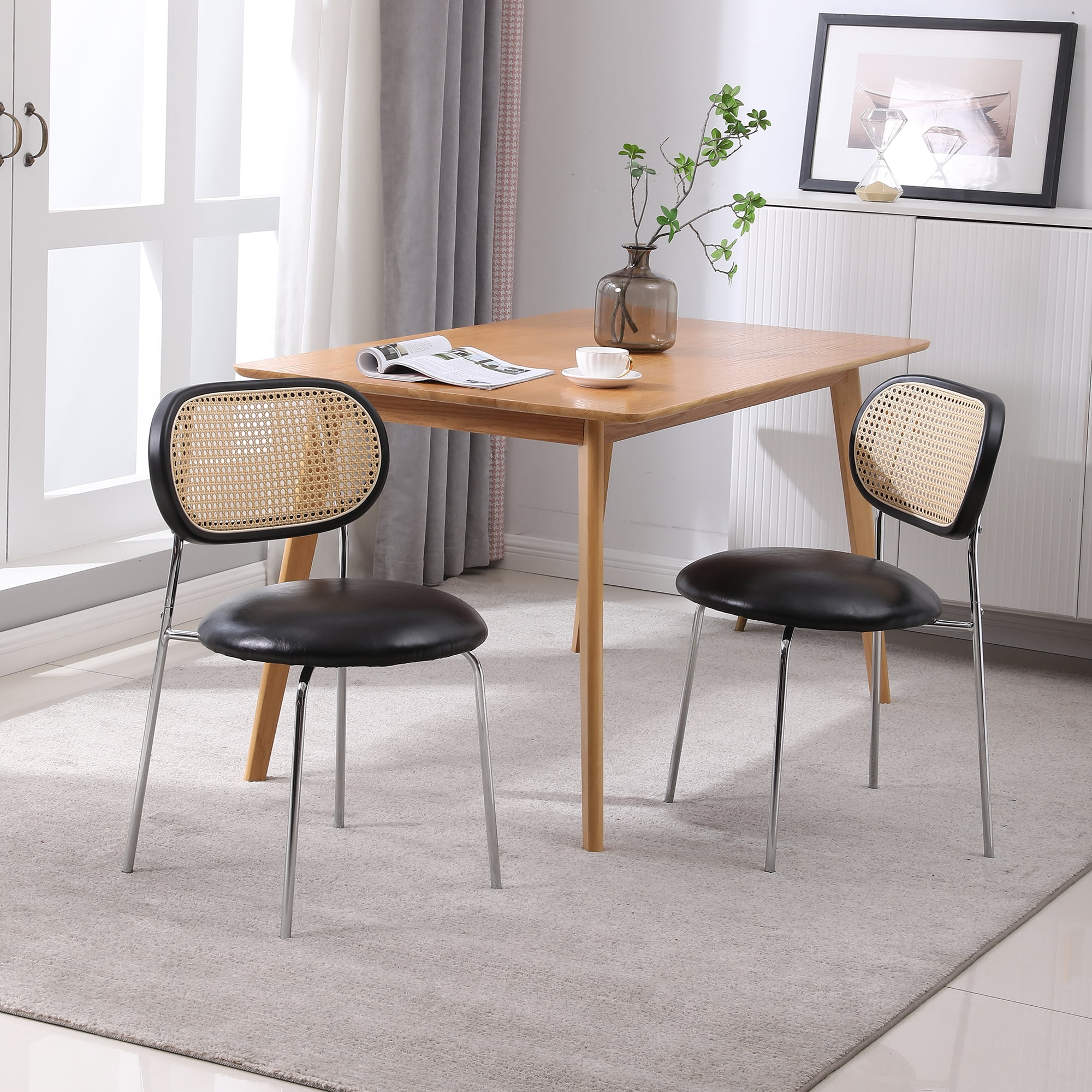 Kadyn PU 2pcs Dining Room Chairs with Rattan Backrest for Kitchen, Black Kitchen Chairs Kadyn PU 2pcs Dining Room Chairs with Rattan Backrest for Kitchen, Black Kitchen Chairs