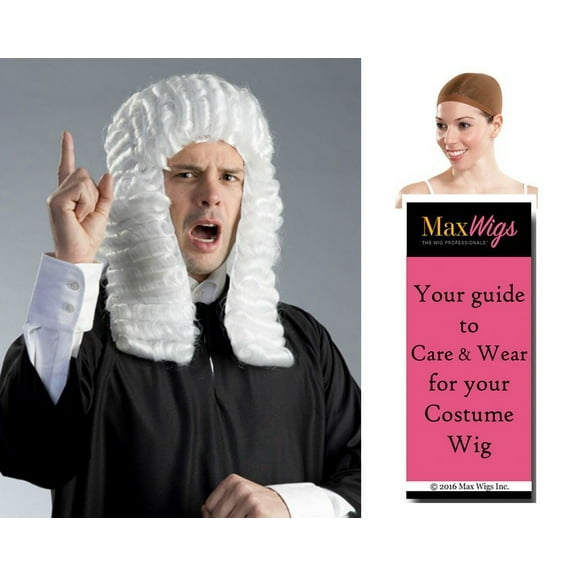Judge English color White - Enigma Wigs Parliament Mens Long Magistrate Bundle w/ Cap, MaxWigs Costume Wig Care Guide