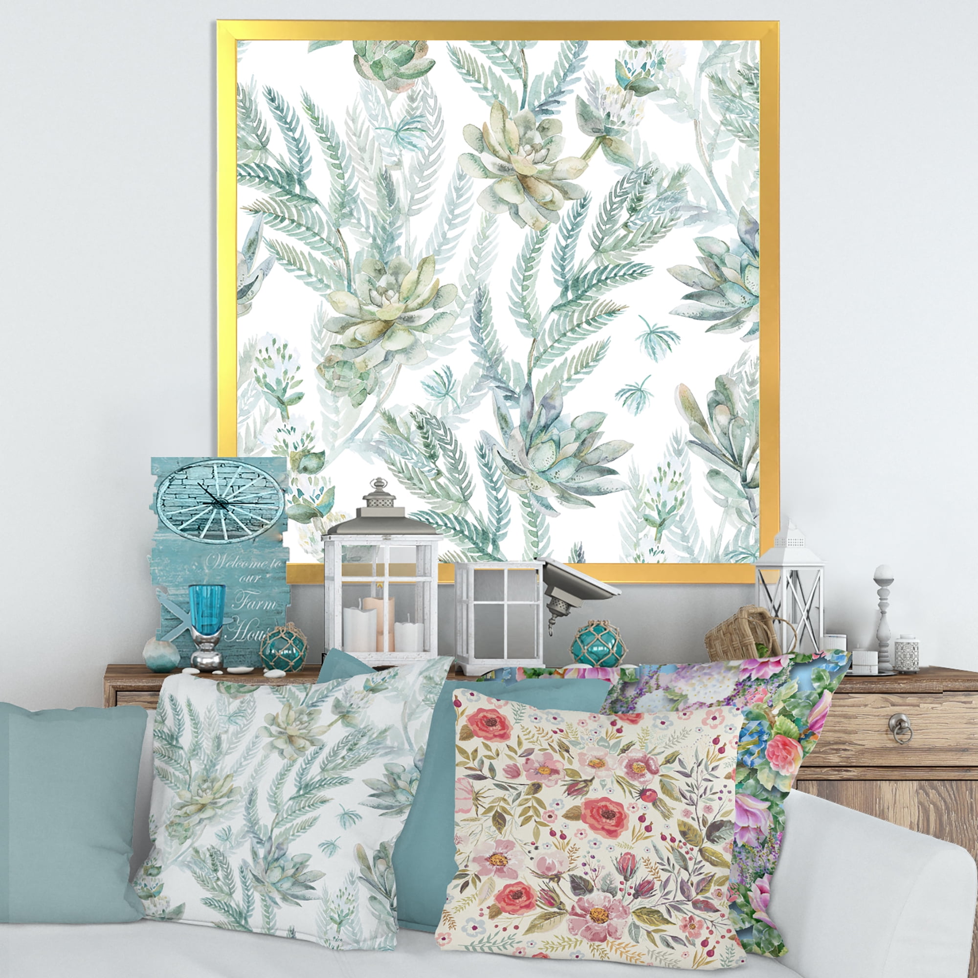 Designart 'Floral Seamless Pattern Succulents and Ferns Thorns' Farmhouse Framed Art Print