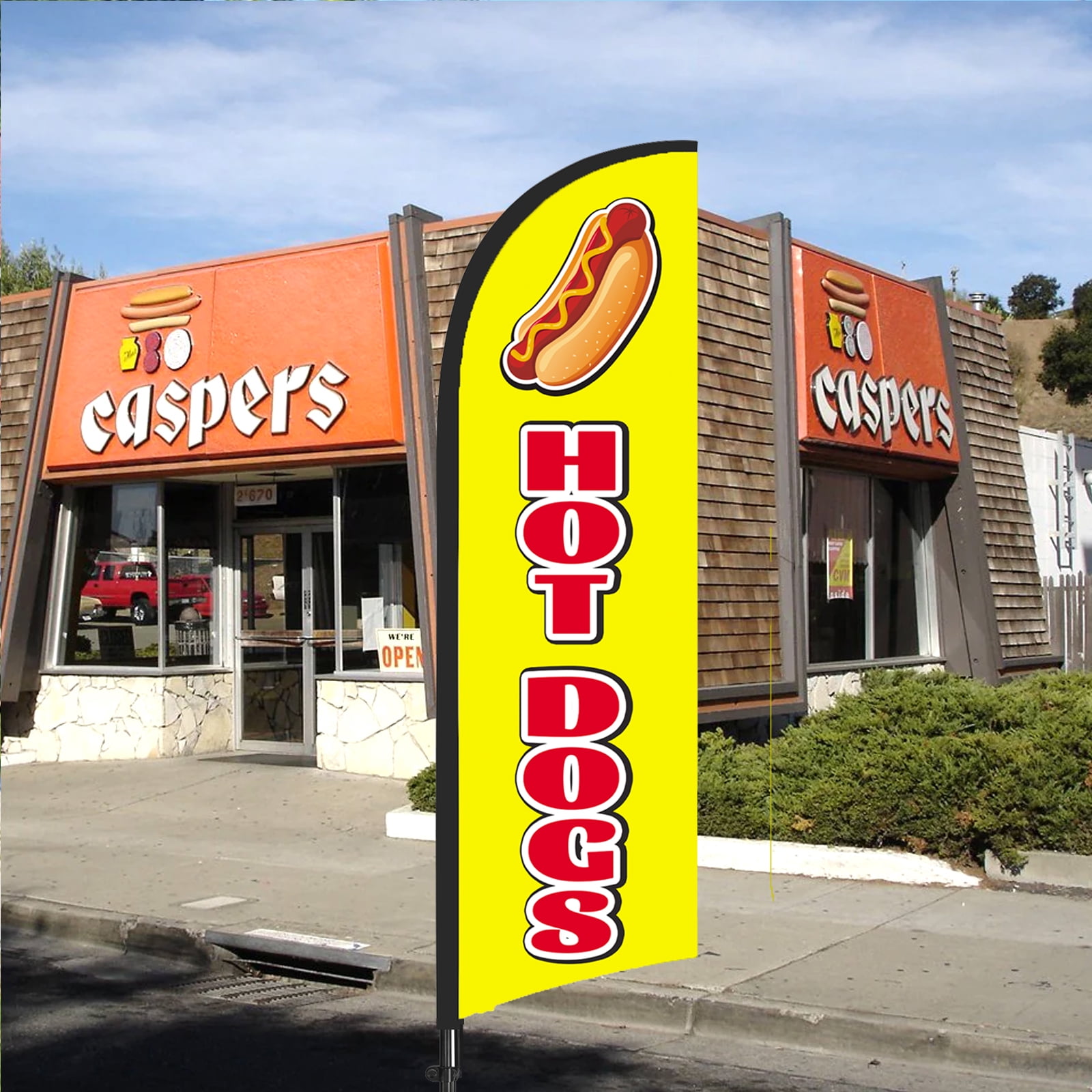 QSUM Hot Dog Sign Feather Flag with Pole Kit,8.2FT Hot Dog Decoration Display, Hot Dog Business Sign,Hot Dog Swooper Flag，Advertising Flag