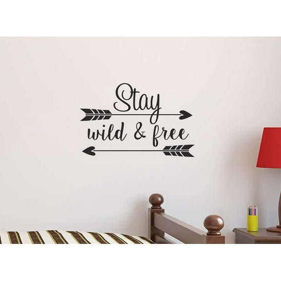 Stay Wild and Free 22 x 14 Vinyl Wall Quote Decal Sticker Adventure Baby boy Girl Calligraphy Sticker Decal Art Decor Motivational Inspirational Decorative Lettering Love Hearts