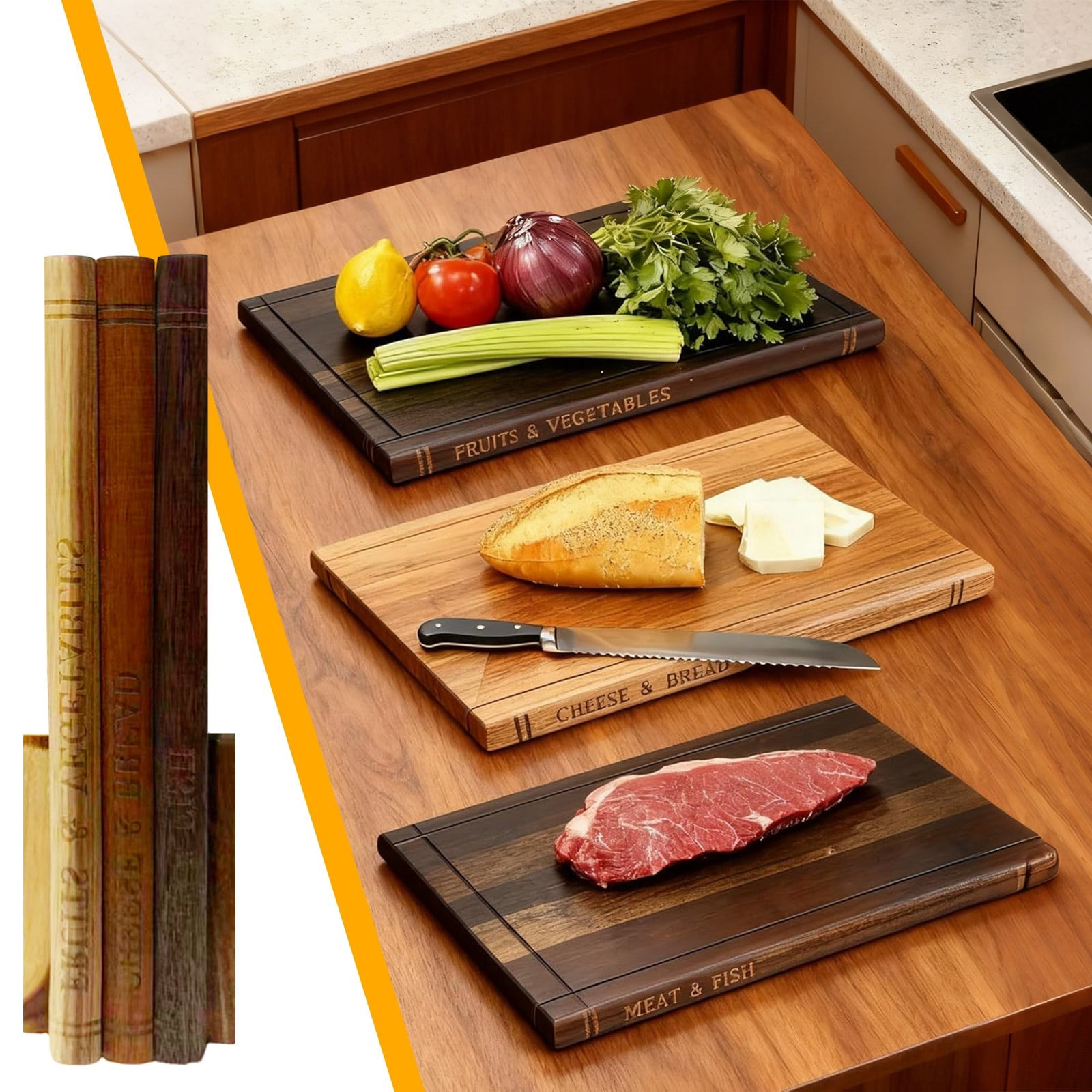 Cutting Board that Looks like Books, Set of 3 Solid Wood Book Shaped Cutting Board Library with Wooden Stand, for the Books Loving Chef