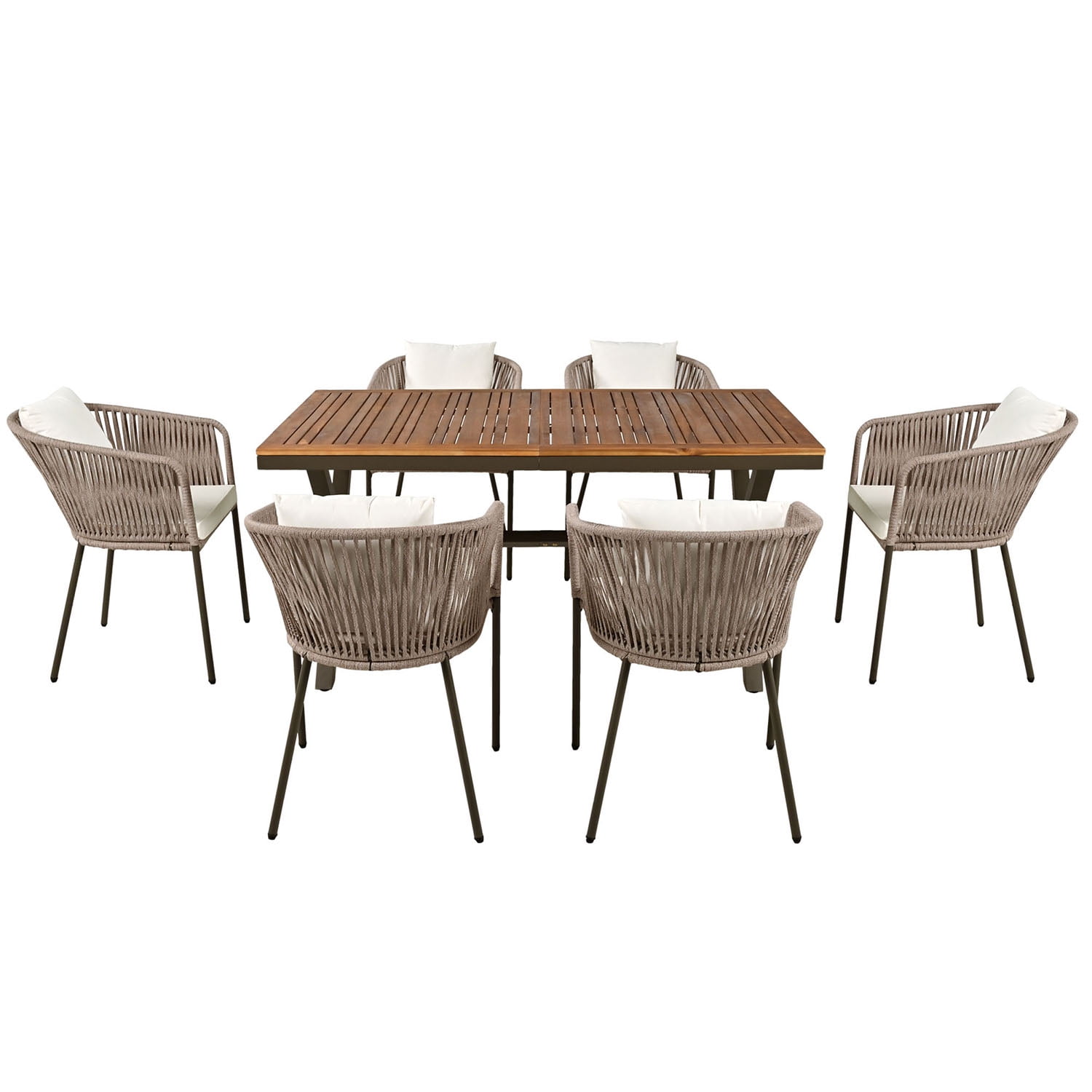 Aimee Lii 7 Pieces Outdoor Patio Dining Set Acacia Wood Garden Table with Umbrella Hole and Rope Metal Frame Chairs, Outdoor Furniture Set, Beige Aimee Lii 7 Pieces Outdoor Patio Dining Set Acacia Wood Garden Table with Umbrella Hole and Rope Metal Frame Chairs, Outdoor Furniture Set, Beige