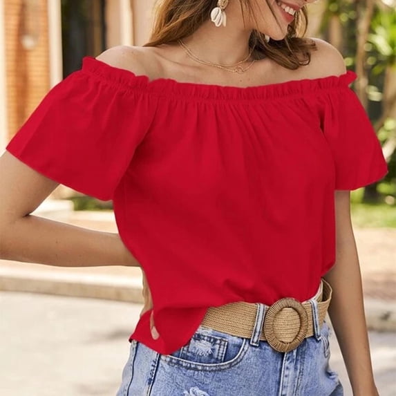 Women's Summer Off-Shoulder Blouse Short Sleeve Solid Color Top with Ruffle Detail Casual Comfortable Shirt for Women