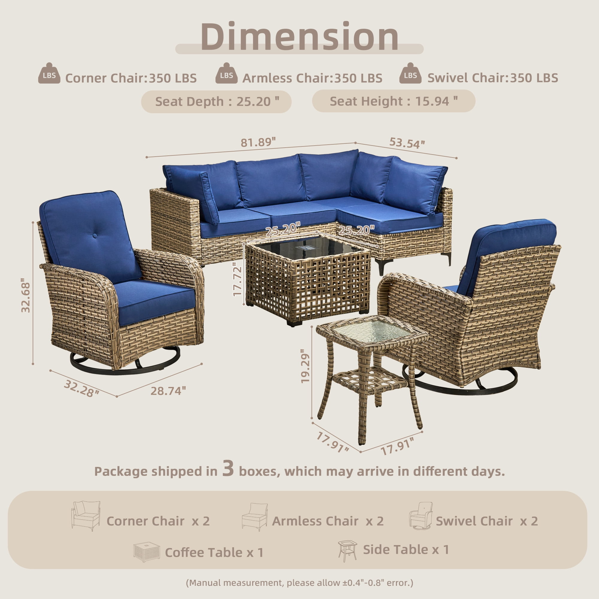Toject Patio Furniture 8 Pieces All Weather Wicker Patio Conversation Set with Solar Powered Coffee Table Outside Furniture Outdoor Sectional with Swivel Chairs for Backyard, Navy Blue