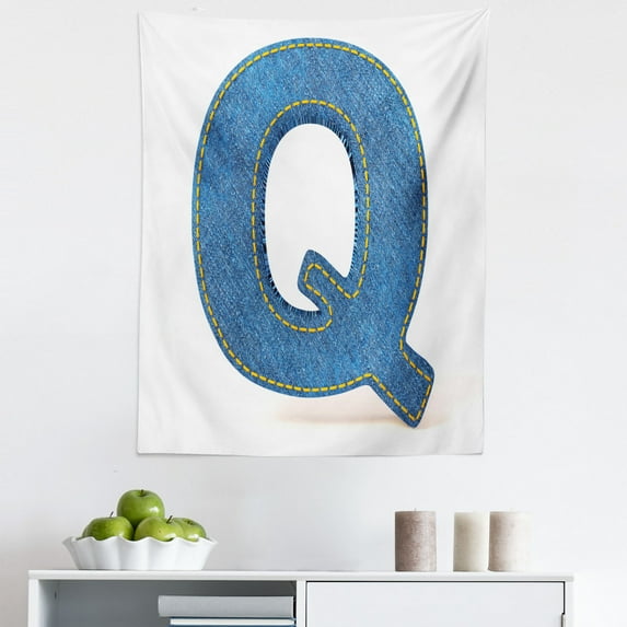 Letter Q Tapestry, Conceptual Font Design with Denim Pattern Texture Image Shape of Capital Letter Q, Fabric Wall Hanging Decor for Bedroom Living Room Dorm, 5 Sizes, Blue Yellow, by Ambesonne