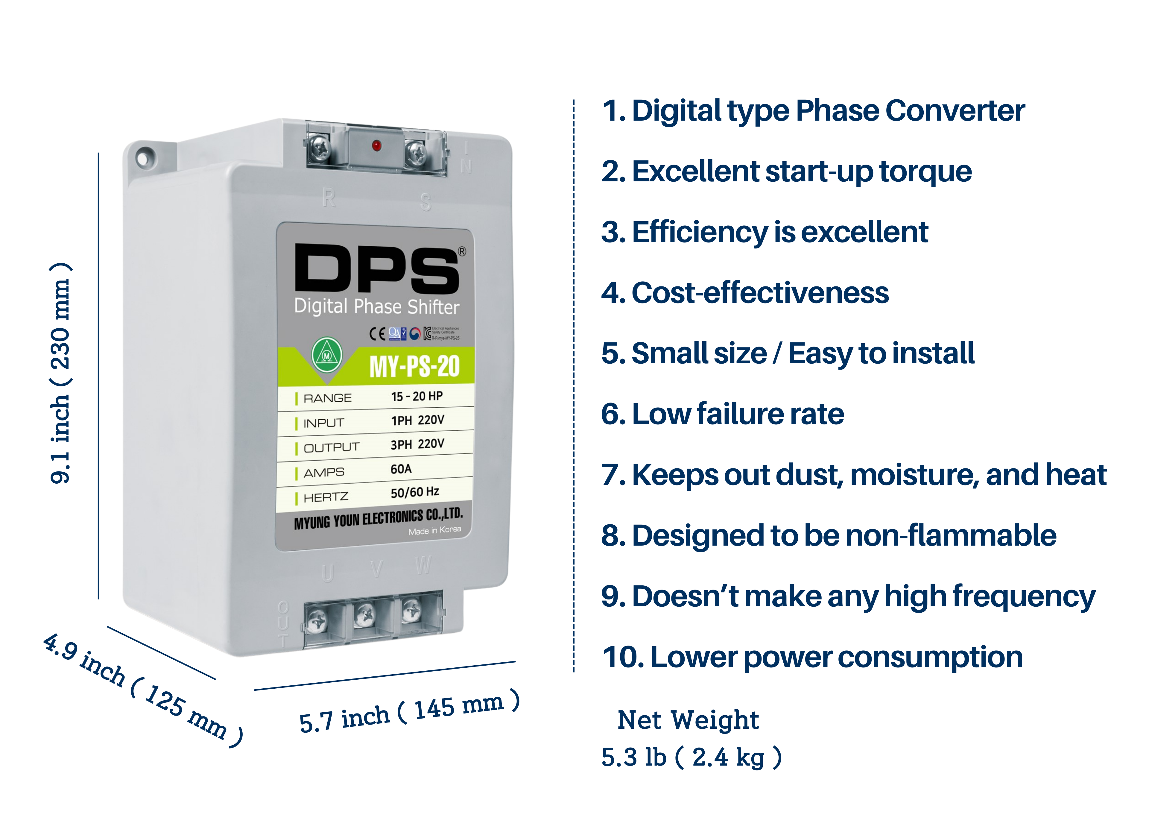 Single to Phase Converter, MY-PS-20 Model, Suitable for 200-240V  15HP(11kW) 45Amps Phase Motor, One DPS Must Be Used for One Motor Only,  Input/Output 200V-240V, Digital Type