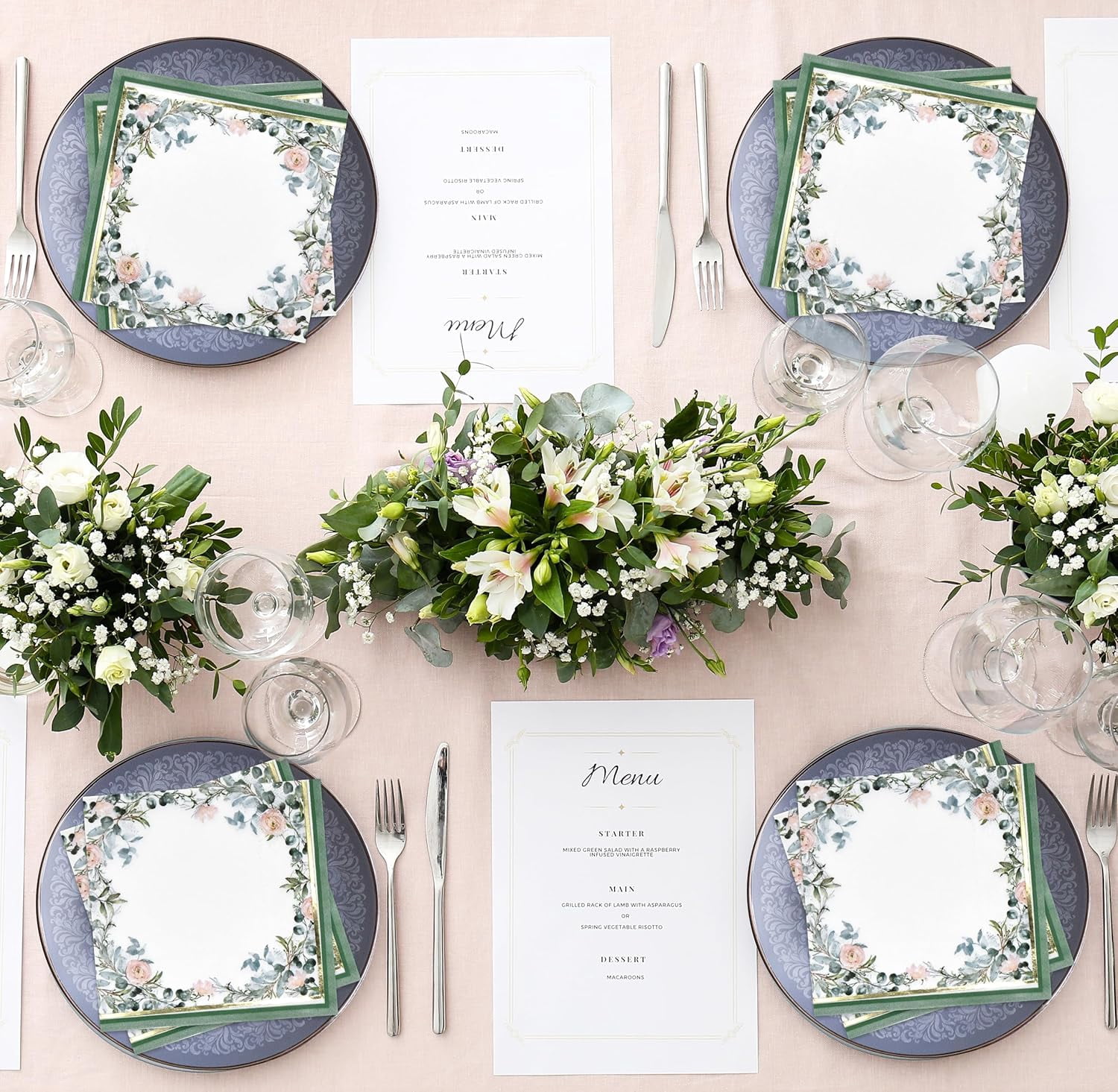 100 Floral Napkins Sage with Gold Foil Border Disposable Paper Spring Flower Blossom Lunch Napkin for Summer Wedding Tea Birthday Party Bridal Baby Shower