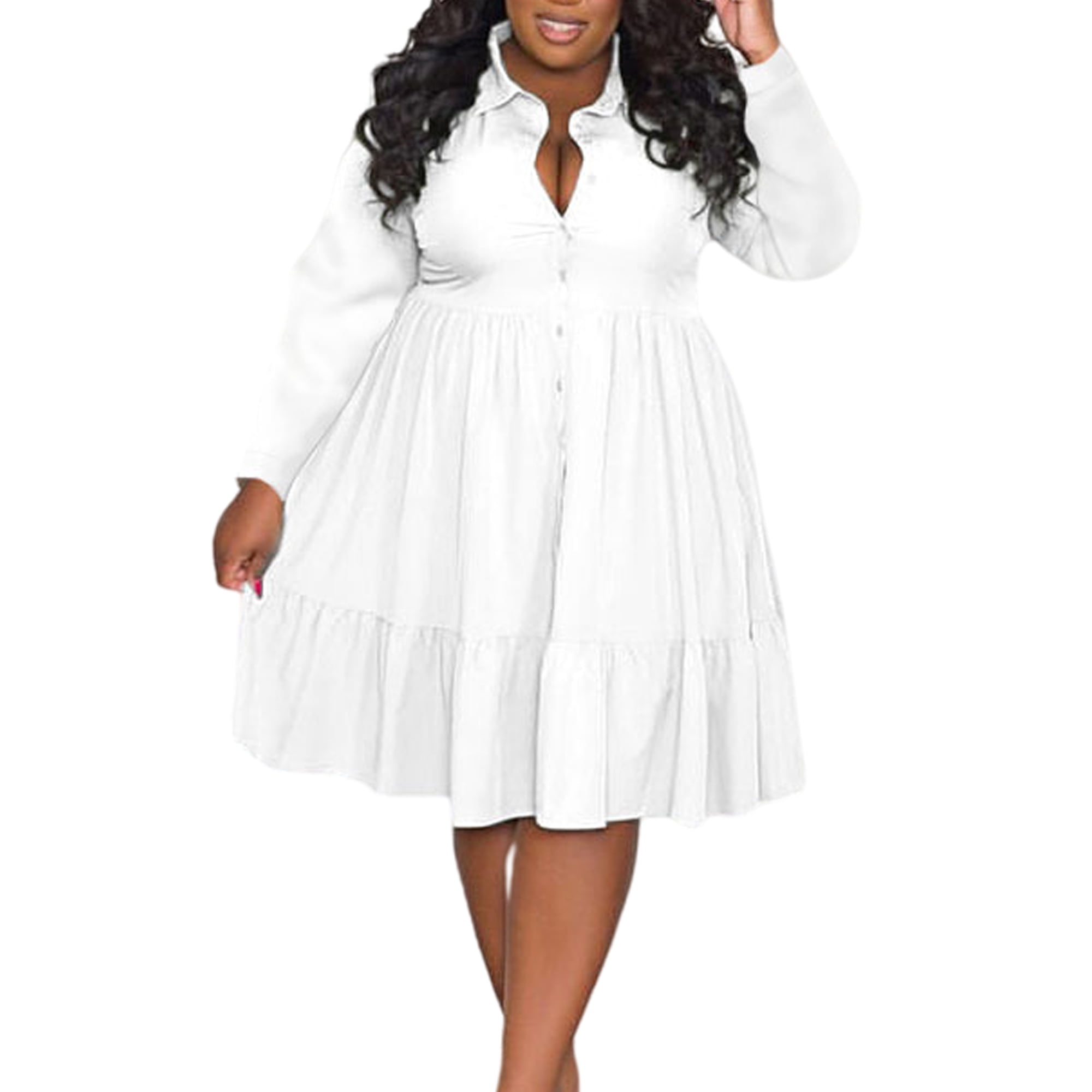 Colisha Women Dress Plus Size Knee Length Dresses Lapel Collar Casual Loose  Fall Long Sleeve White 5XL - Walmart.com