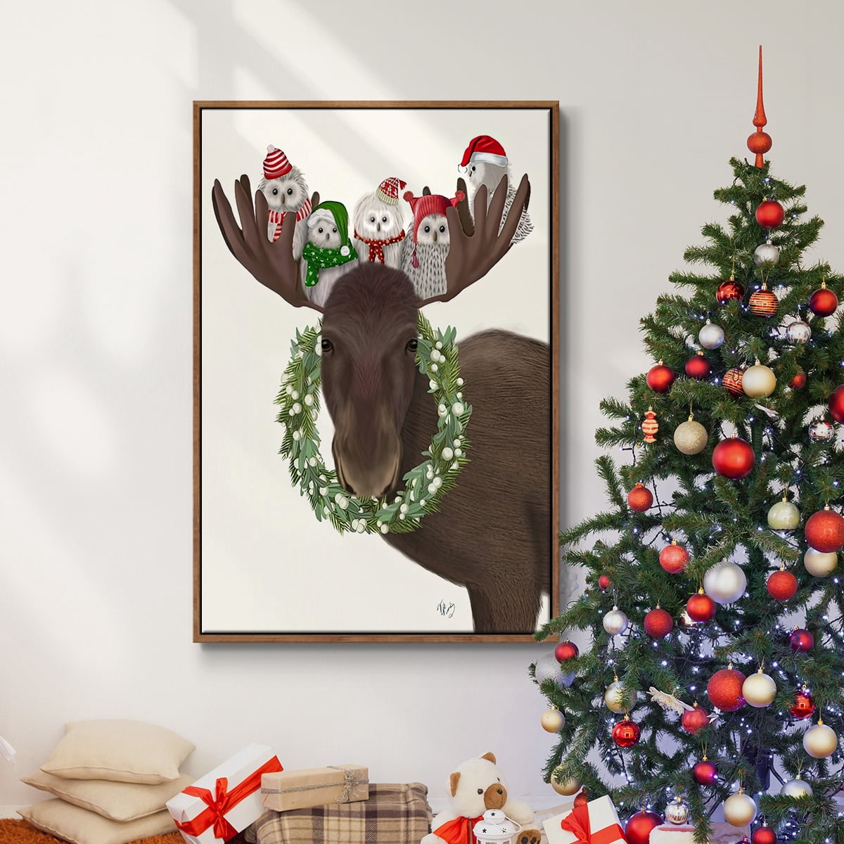 Christmas Moose and Christmas Owls - Framed Gallery Wrapped Holiday Canvas - 27 x 41 - Rosewood Frame