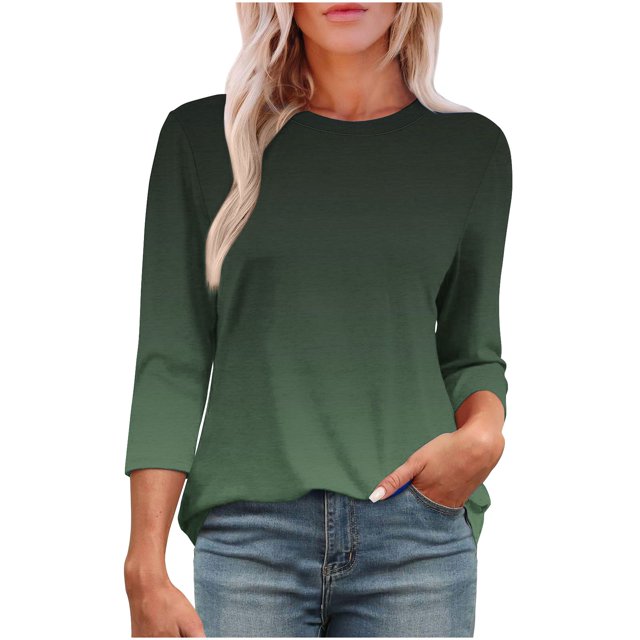Plebaso T-Shirts à Manches 3/4 Col Rond pour Femmes Tee-Shirts Décontractés Amples Blouses Dégradées pour S-5TG