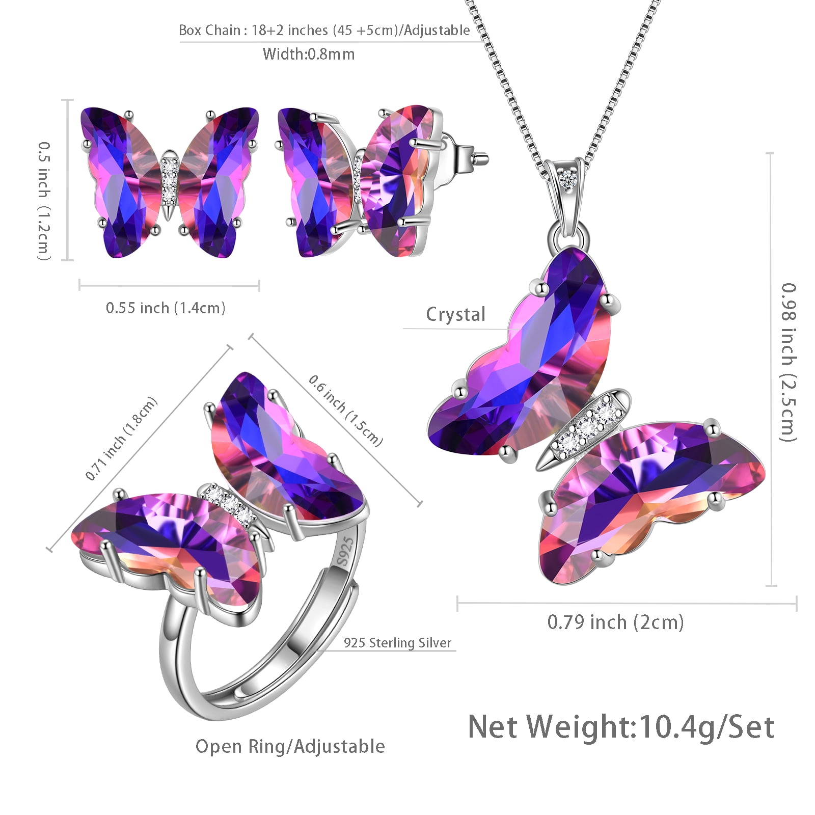Purple Butterfly Jewelry Sets Earrings Necklace Ring, February Birthstone Jewelry Set Amethyst Sterling Silver Women Birthday Mother's Day Gifts
