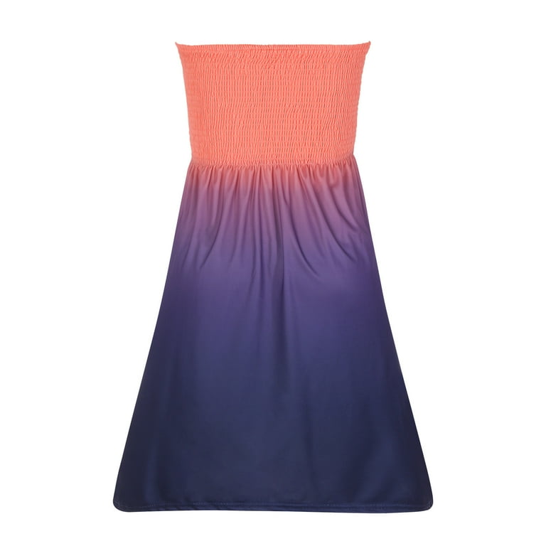 Vsssj Women Off Shoulder Bandeau Mini Dresses Summer Smocked Strapless Gradient Printed Sleeveless Casual A-Line Party Swing Dress, Women's, Size: