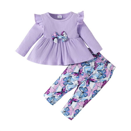 

JIEU Spring Girls Two Piece Solid Ruffle Long Sleeve Fashionable Casual Cute Girls bow Top and Girls Butterfly Print Pants for Birthday Party Cowboy Rodeo Zoo Farm