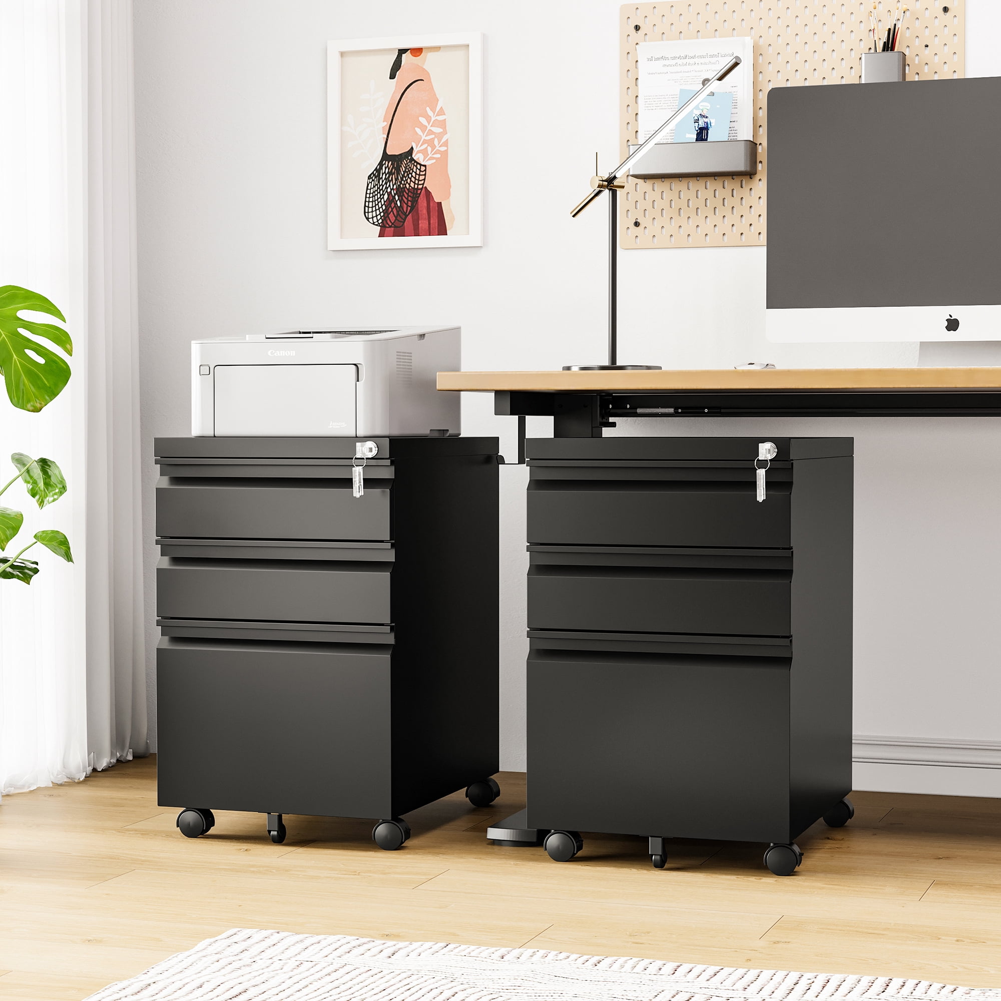 Fesbos 3 Drawer Mobile File Cabinet with Lock, Metal Rolling Filing Cabinets for Home Office, Fits Letter/Legal/A4 Size Files, Black, Assembly Required