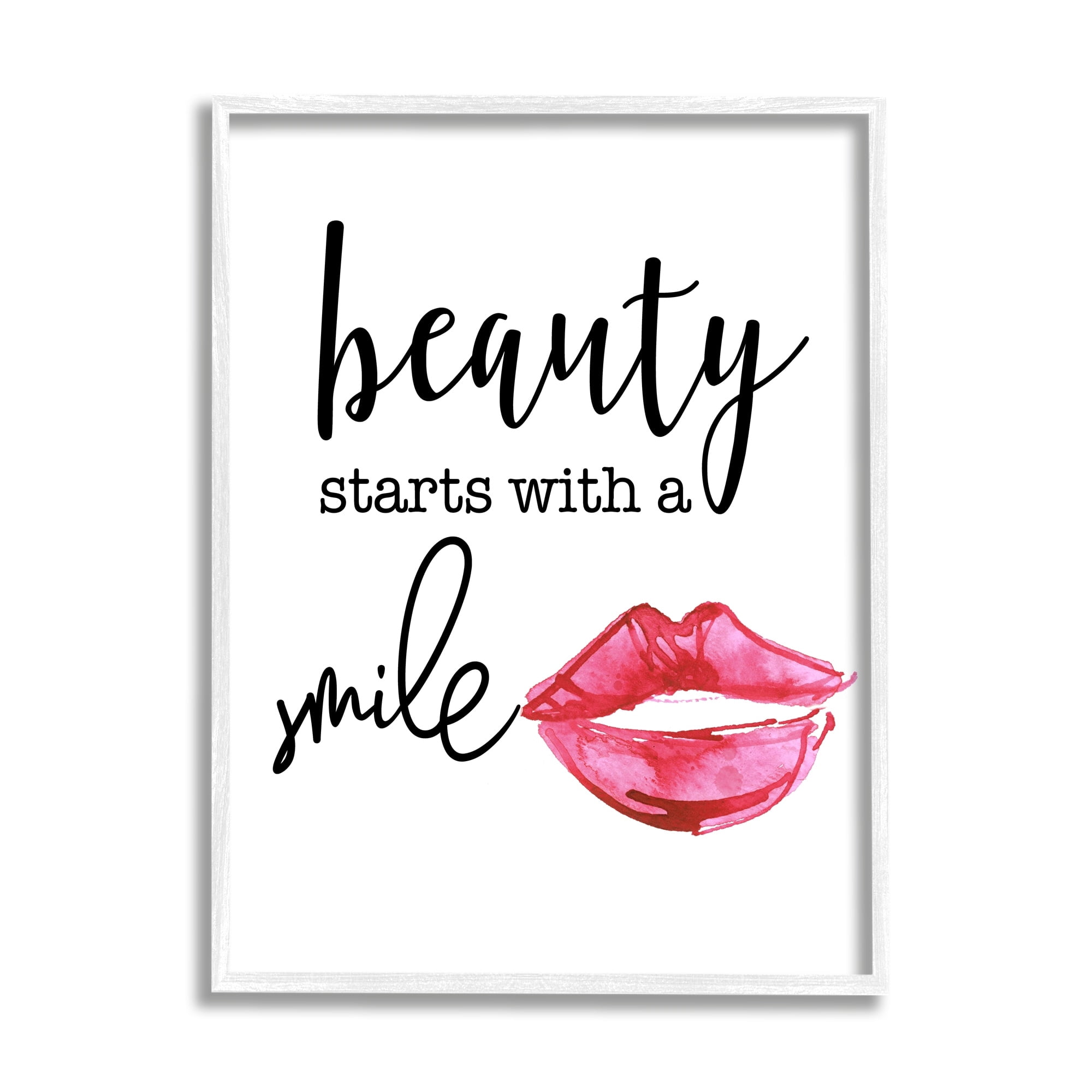 Stupell Industries Beauty Starts With Smiling Chic Lipstick Lips Design Graphic Art White Framed Art Print Wall Art, Design by Daniela Santiago