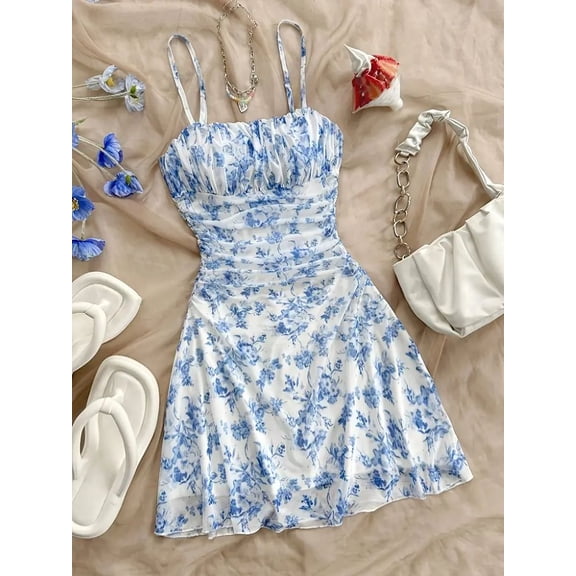 Women's Ditsy Floral Ruched Cami Mini Dress Spaghetti Strap Ruffle Hem Mesh A-Line Casual Dress