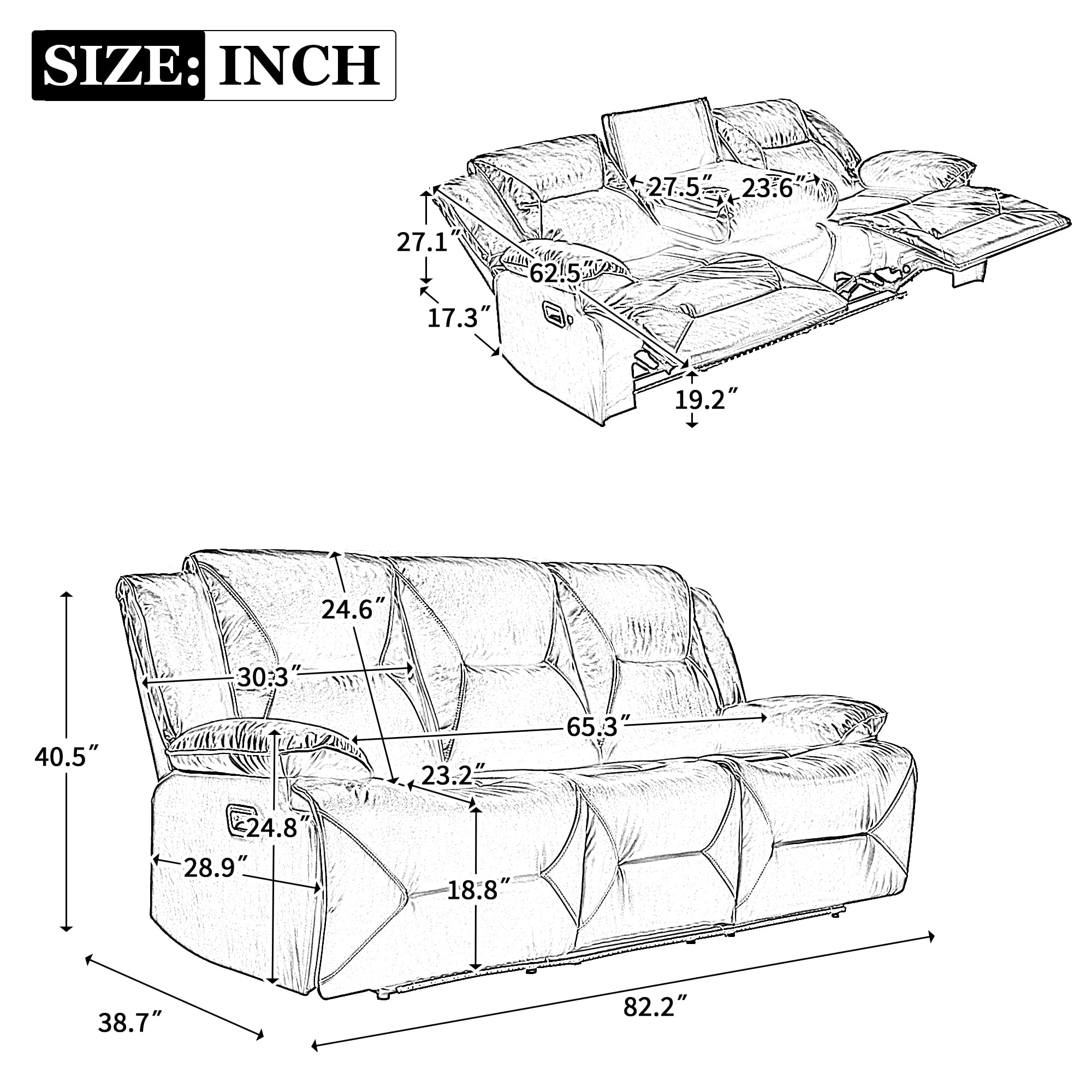 Euroco 3 Seater Home Theater Recliner Manual Recliner Chair with a LED Light Strip Two Built-in Cup Holders for Living Room,Bedroom, Black