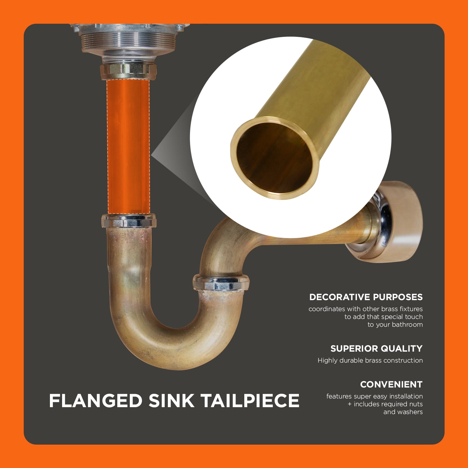 Highcraft 23124 Flanged Sink Tailpiece for Tubular Drain Applications, 1-1/2 in. x 12 in., 17GA Brass