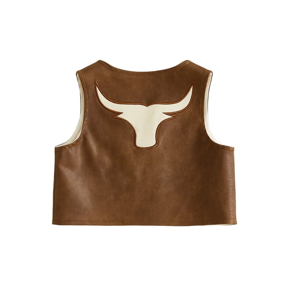 BemeyourBBs Toddler Baby Boy Cowboy Cowgirl Vest Kids Western Baby Boy Girl Clothes Vintage PU Leather Jacket Sleeveless V Neck Open Front Back Cowgirl Hat Bull Head Cardigan Outwear Waistcoat