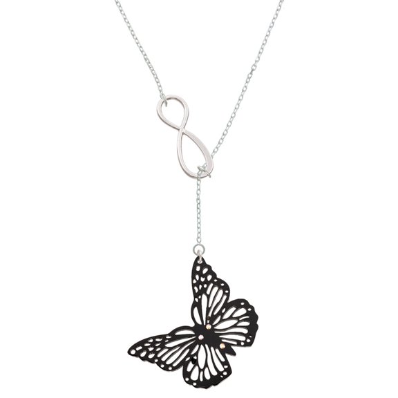 Delight Jewelry Acrylic Cut Out Butterfly Black Silver tone Elegant Infinity Lariat Necklace