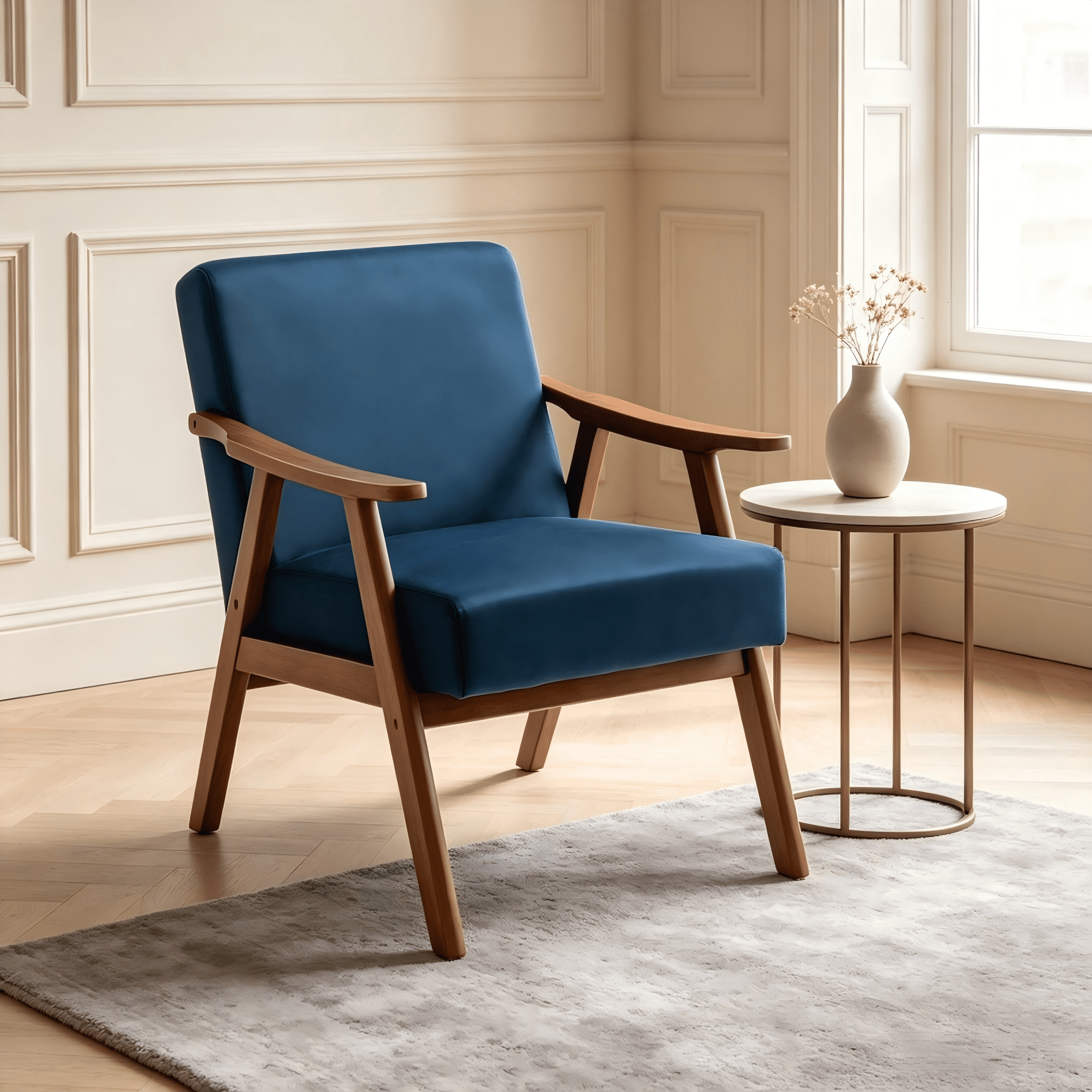 Mintazer Mid-Century Modern Velvet Leather Accent Chair, Armchair for Living Room Bedroom, Dark Blue
