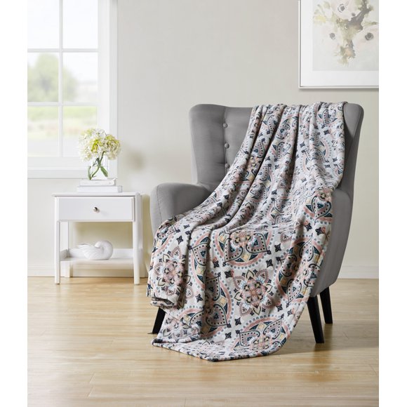 Hudson Essex Shaden Medallion Plush Throw Blanket, Coral-Taupe, 50x70 Inches