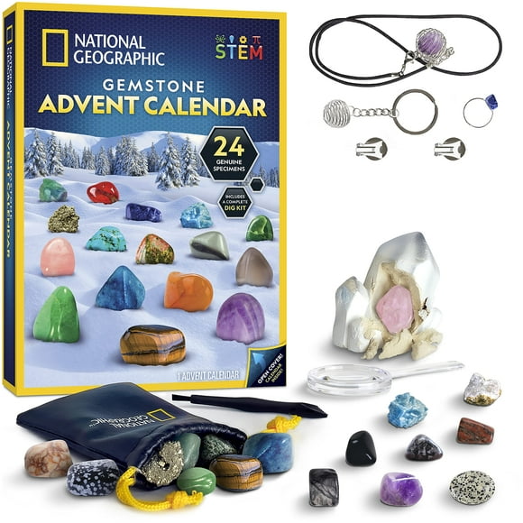 NATIONAL GEOGRAPHIC Gemstone Advent Calendar - 2022 Advent Calendar for Kids with 24 Gemstones to Open Each Day, a Complete Rock Collection Christmas Countdown Calendar with Mini Gemstone Dig Kit