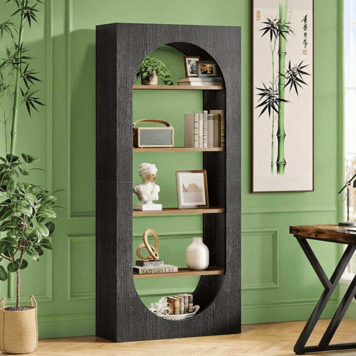 5-Tier Black Bookshelf with Arch Design, 45lb per Shelf, for Living Room/Home Office/Bedroom