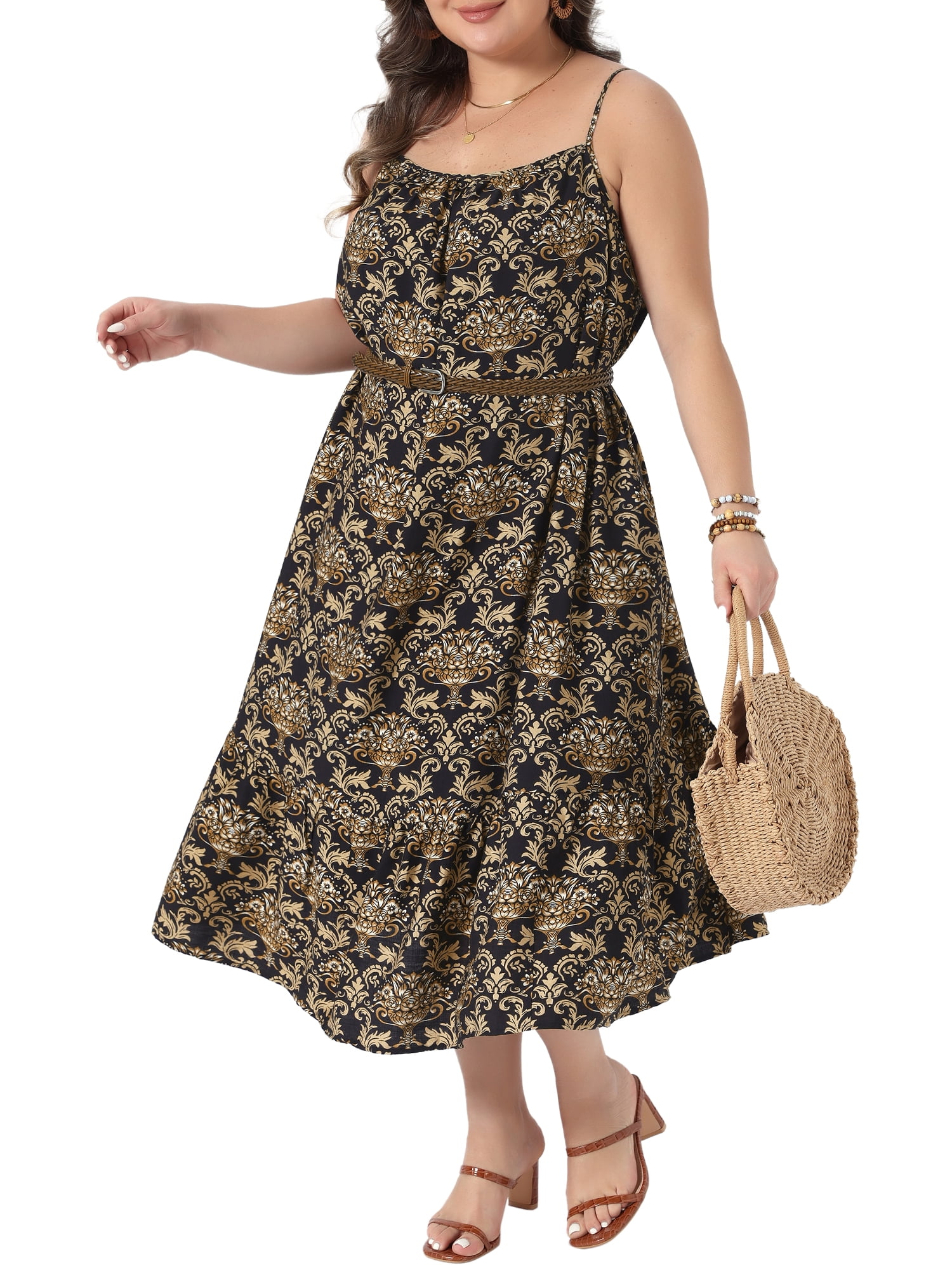DARING DIVA Women's Plus Summer Spaghetti Strap Boho Print Midi Dress 2X Black
